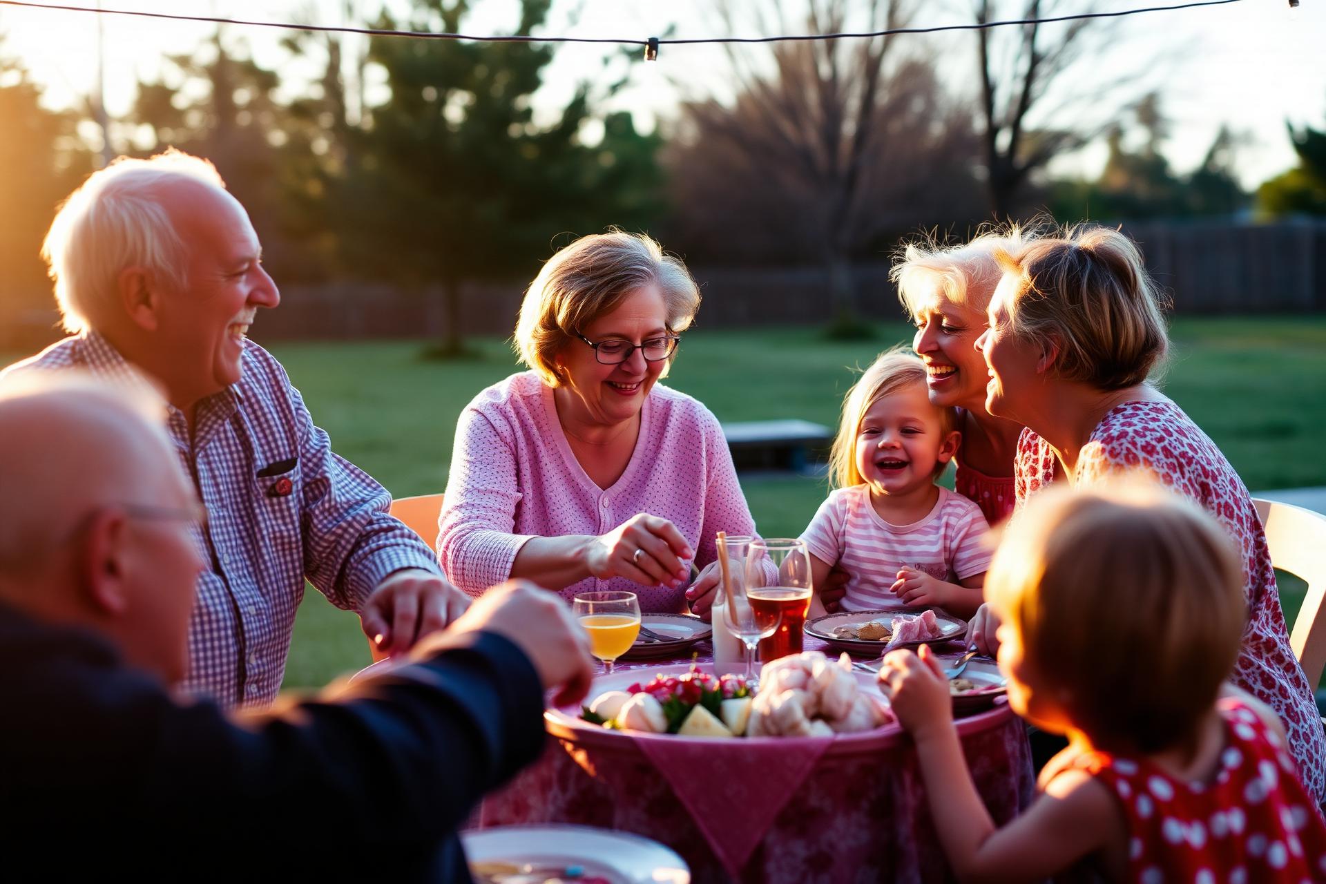 Família reunida ao pôr do sol, compartilhando um momento juntos.